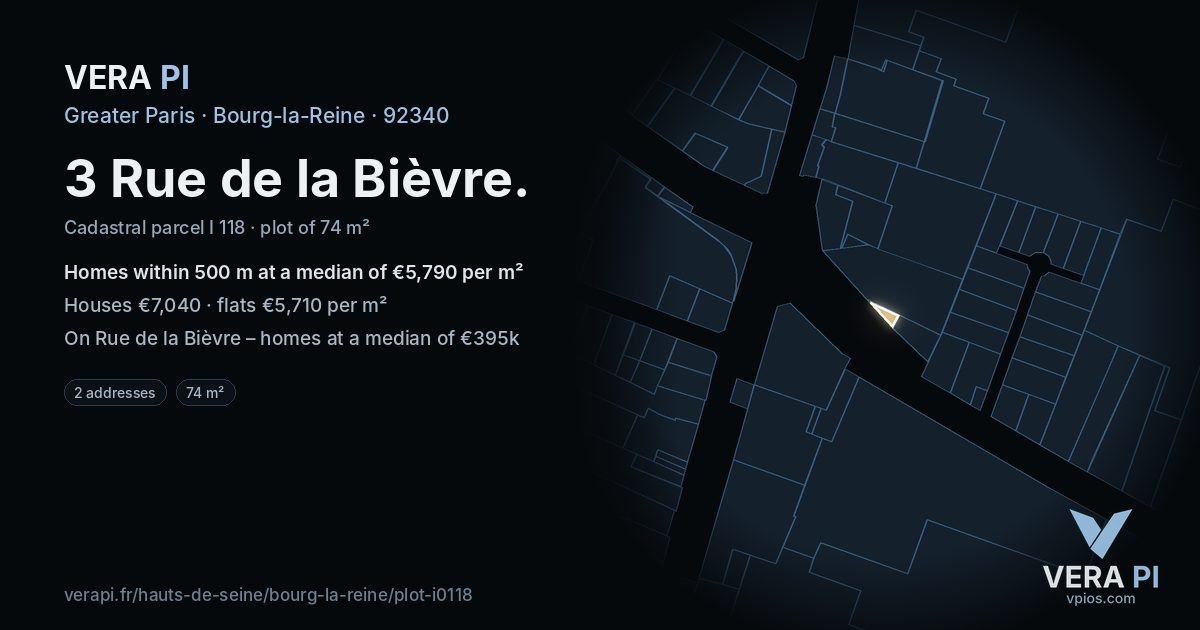 3 Rue de la Bièvre, Bourg-la-Reine at night – the plot lit, the parcels around coloured by the prices near them
