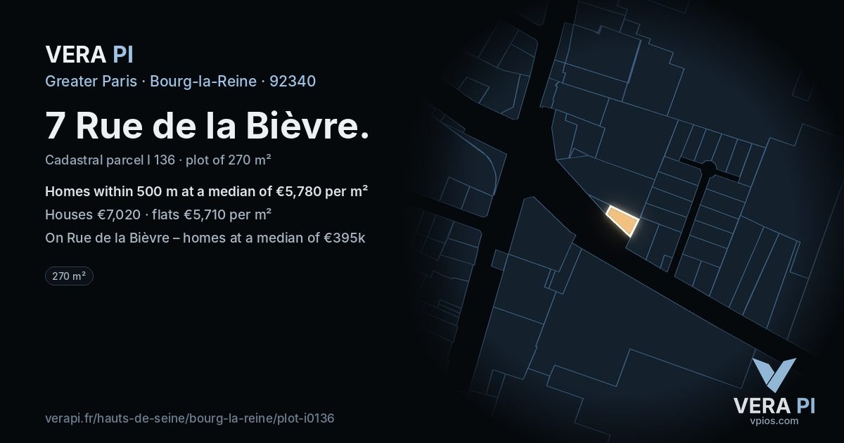7 Rue de la Bièvre, Bourg-la-Reine at night – the plot lit, the parcels around coloured by the prices near them