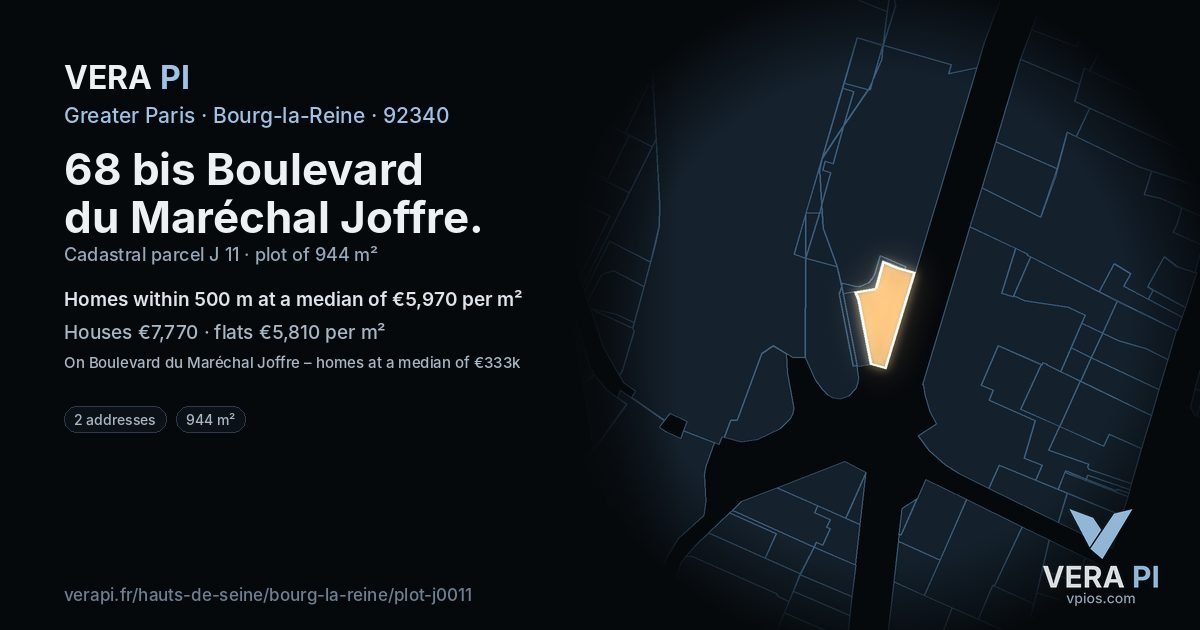 68 bis Boulevard du Maréchal Joffre, Bourg-la-Reine at night – the plot lit, the parcels around coloured by the prices near them