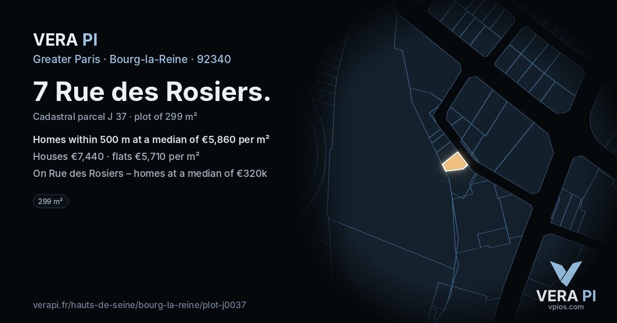7 Rue des Rosiers, Bourg-la-Reine at night – the plot lit, the parcels around coloured by the prices near them