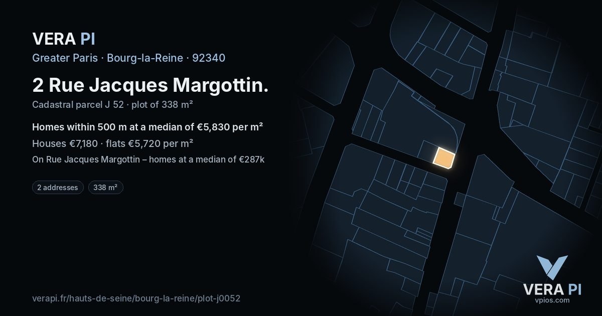 2 Rue Jacques Margottin, Bourg-la-Reine at night – the plot lit, the parcels around coloured by the prices near them