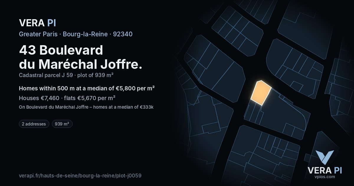 43 Boulevard du Maréchal Joffre, Bourg-la-Reine at night – the plot lit, the parcels around coloured by the prices near them