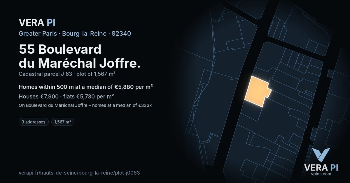 55 Boulevard du Maréchal Joffre, Bourg-la-Reine at night – the plot lit, the parcels around coloured by the prices near them