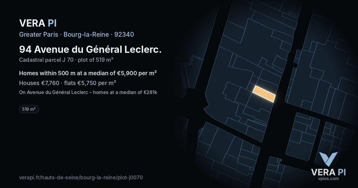 94 Avenue du Général Leclerc, Bourg-la-Reine at night – the plot lit, the parcels around coloured by the prices near them