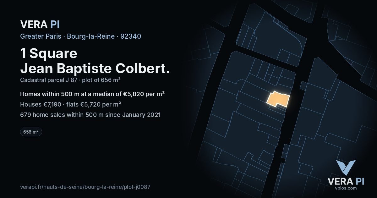 1 Square Jean Baptiste Colbert, Bourg-la-Reine at night – the plot lit, the parcels around coloured by the prices near them