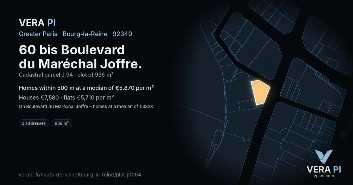 60 bis Boulevard du Maréchal Joffre, Bourg-la-Reine at night – the plot lit, the parcels around coloured by the prices near them