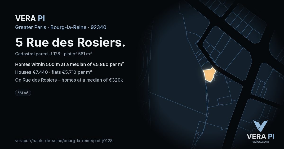 5 Rue des Rosiers, Bourg-la-Reine at night – the plot lit, the parcels around coloured by the prices near them
