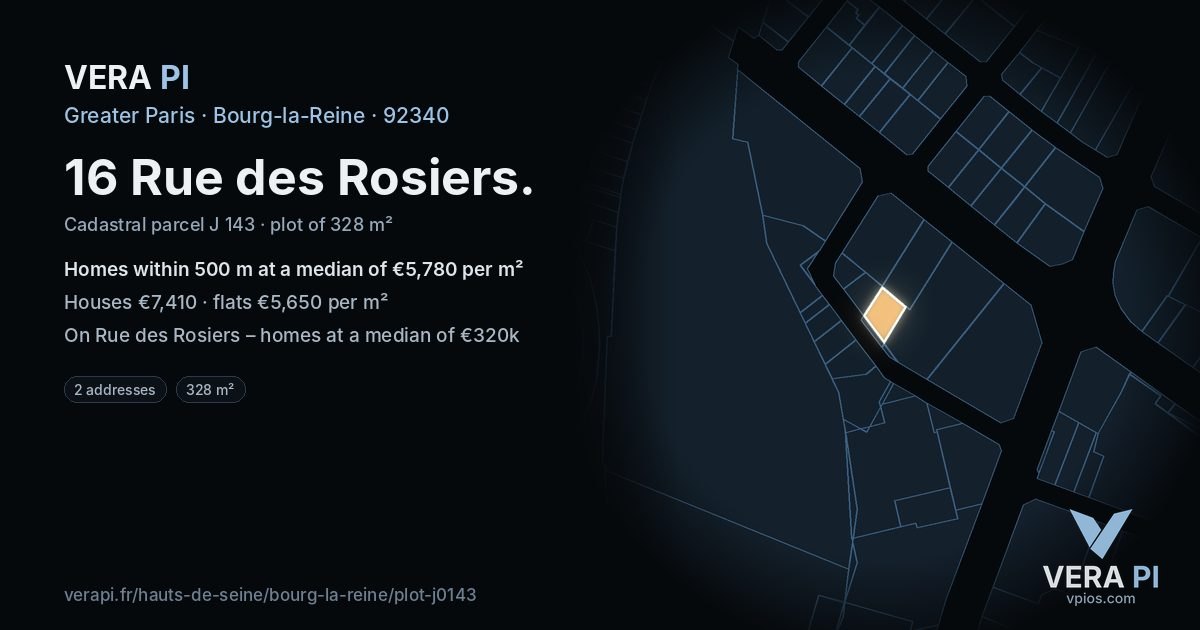 16 Rue des Rosiers, Bourg-la-Reine at night – the plot lit, the parcels around coloured by the prices near them