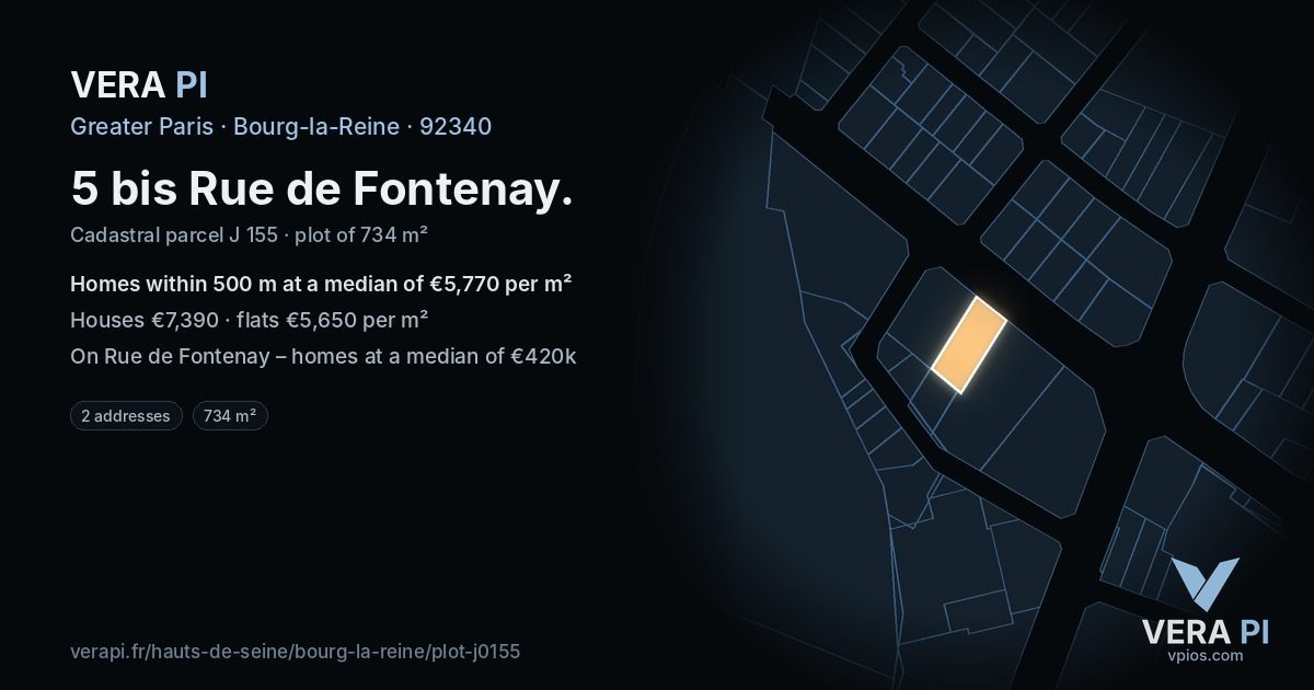 5 bis Rue de Fontenay, Bourg-la-Reine at night – the plot lit, the parcels around coloured by the prices near them