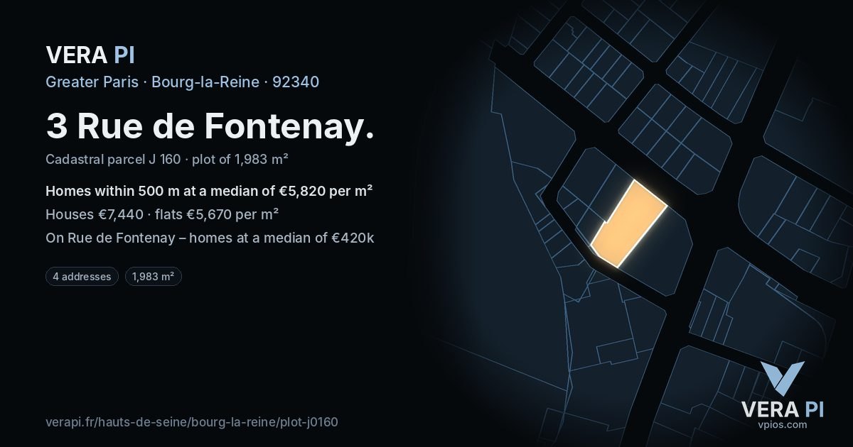 3 Rue de Fontenay, Bourg-la-Reine at night – the plot lit, the parcels around coloured by the prices near them