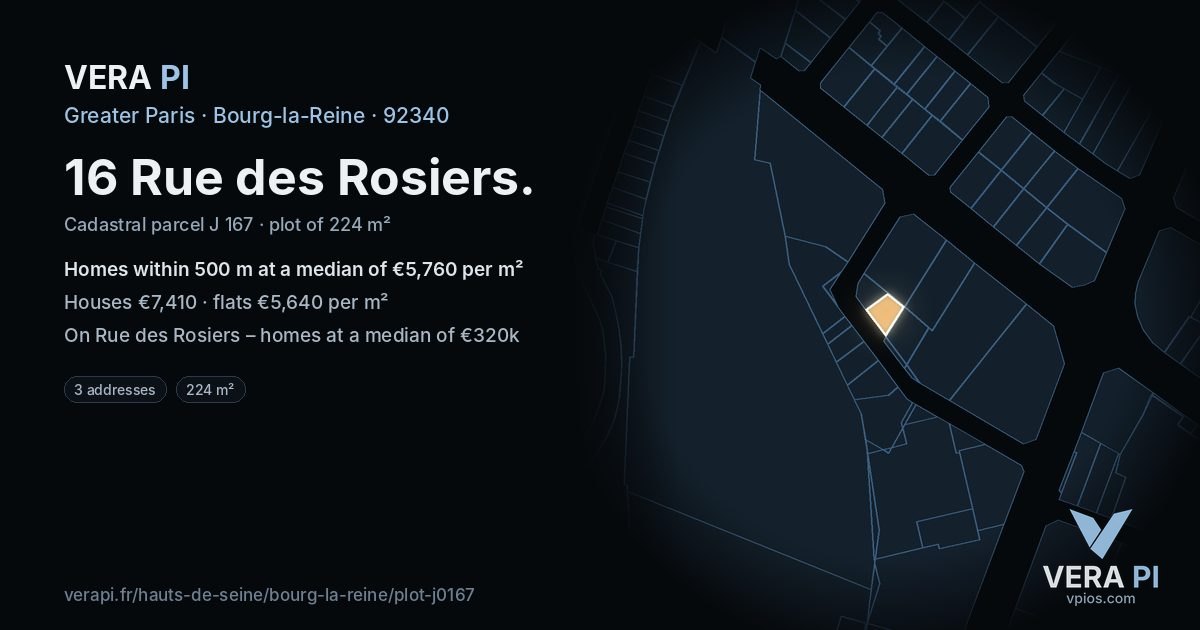 16 Rue des Rosiers, Bourg-la-Reine at night – the plot lit, the parcels around coloured by the prices near them