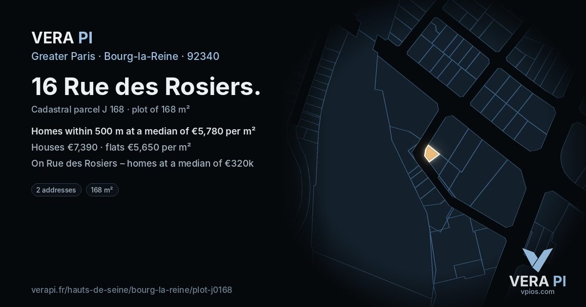 16 Rue des Rosiers, Bourg-la-Reine at night – the plot lit, the parcels around coloured by the prices near them