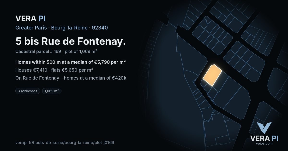 5 bis Rue de Fontenay, Bourg-la-Reine at night – the plot lit, the parcels around coloured by the prices near them
