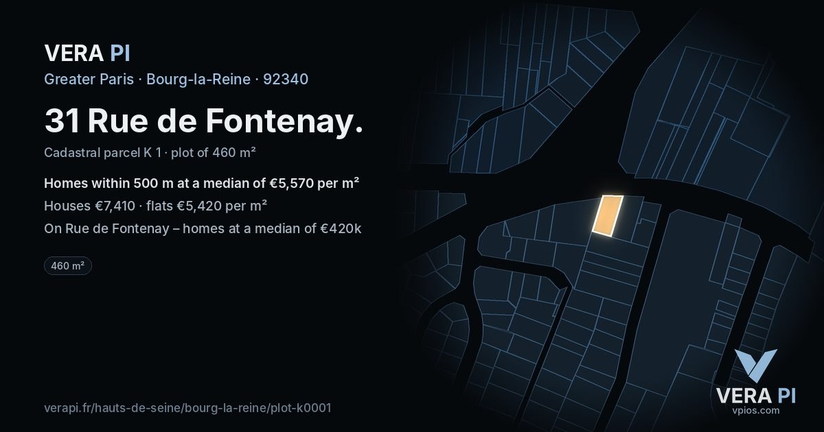 31 Rue de Fontenay, Bourg-la-Reine at night – the plot lit, the parcels around coloured by the prices near them