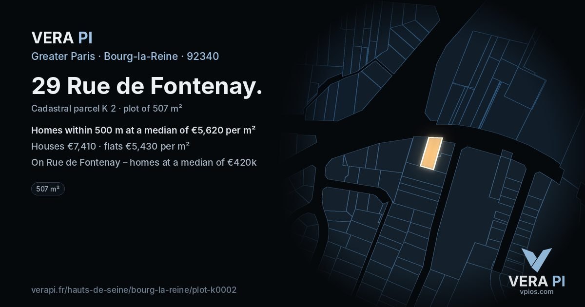 29 Rue de Fontenay, Bourg-la-Reine at night – the plot lit, the parcels around coloured by the prices near them