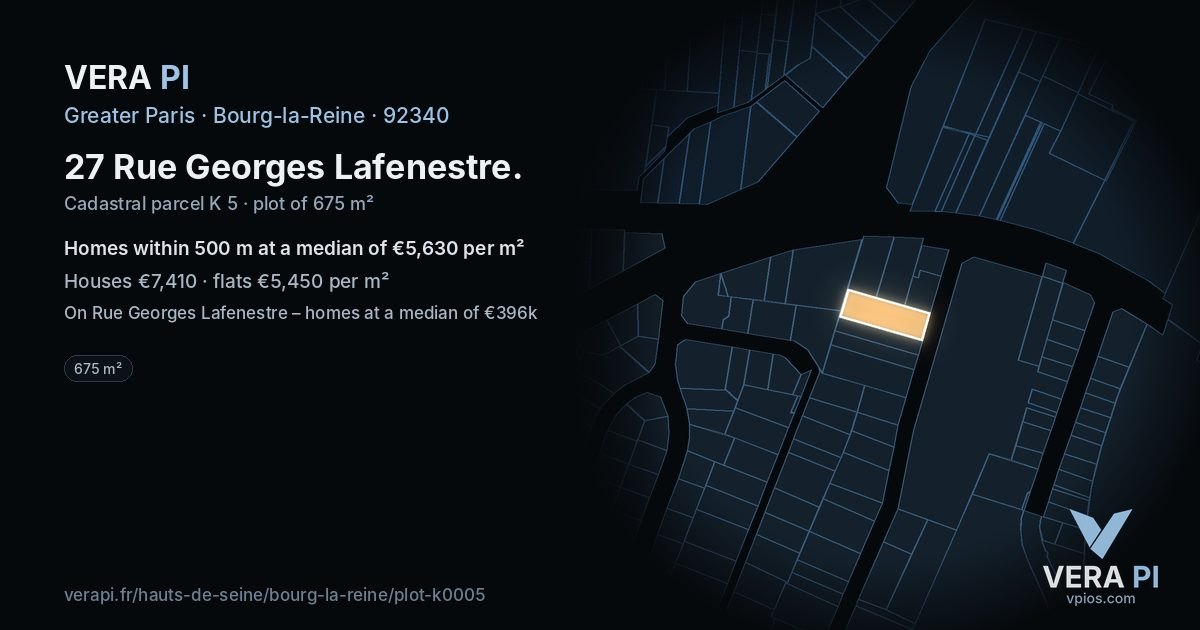 27 Rue Georges Lafenestre, Bourg-la-Reine at night – the plot lit, the parcels around coloured by the prices near them