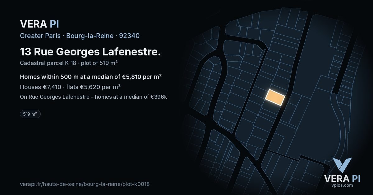 13 Rue Georges Lafenestre, Bourg-la-Reine at night – the plot lit, the parcels around coloured by the prices near them