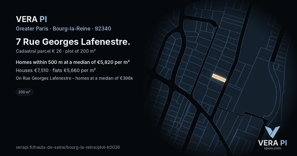 7 Rue Georges Lafenestre, Bourg-la-Reine at night – the plot lit, the parcels around coloured by the prices near them