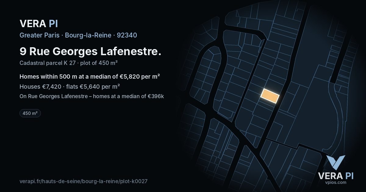 9 Rue Georges Lafenestre, Bourg-la-Reine at night – the plot lit, the parcels around coloured by the prices near them