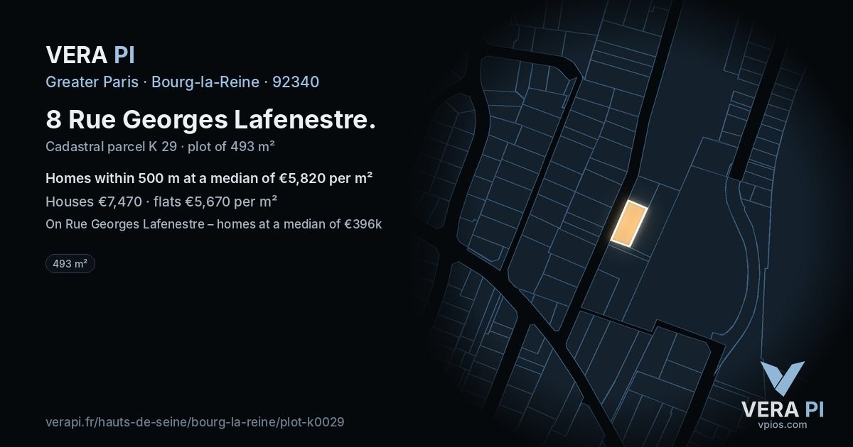 8 Rue Georges Lafenestre, Bourg-la-Reine at night – the plot lit, the parcels around coloured by the prices near them