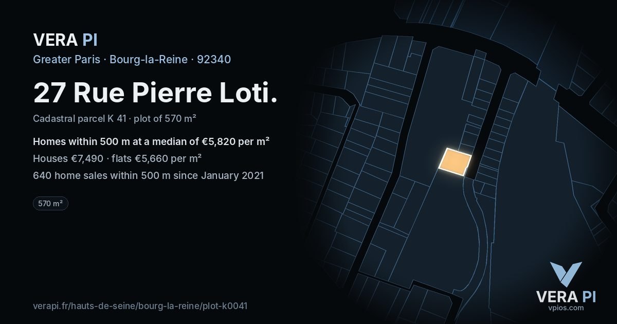 27 Rue Pierre Loti, Bourg-la-Reine at night – the plot lit, the parcels around coloured by the prices near them