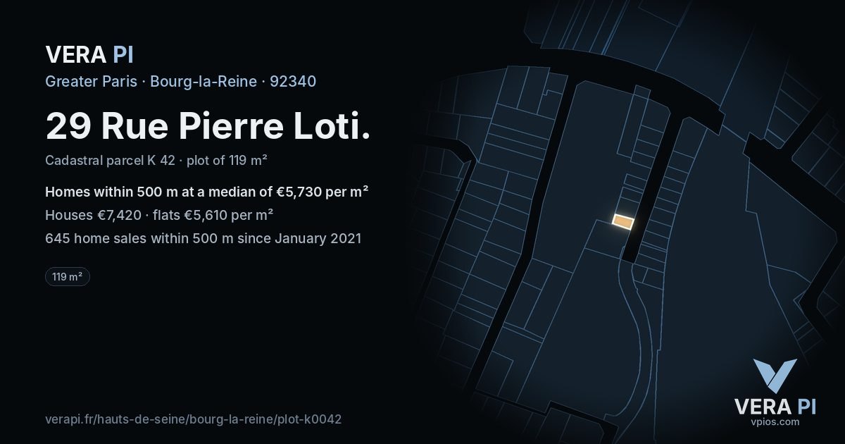 29 Rue Pierre Loti, Bourg-la-Reine at night – the plot lit, the parcels around coloured by the prices near them
