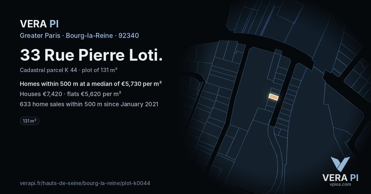 33 Rue Pierre Loti, Bourg-la-Reine at night – the plot lit, the parcels around coloured by the prices near them