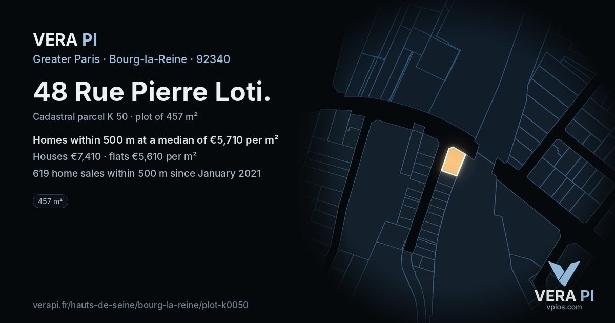 48 Rue Pierre Loti, Bourg-la-Reine at night – the plot lit, the parcels around coloured by the prices near them