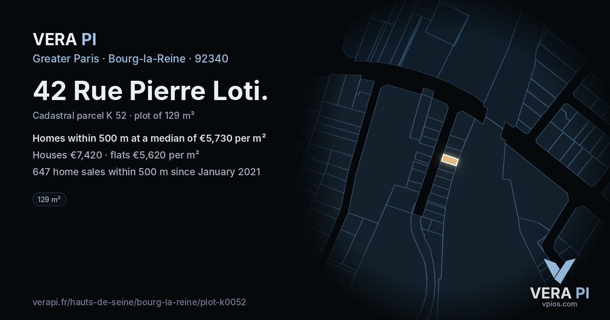 42 Rue Pierre Loti, Bourg-la-Reine at night – the plot lit, the parcels around coloured by the prices near them