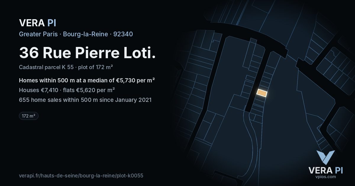 36 Rue Pierre Loti, Bourg-la-Reine at night – the plot lit, the parcels around coloured by the prices near them