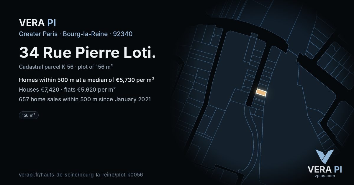 34 Rue Pierre Loti, Bourg-la-Reine at night – the plot lit, the parcels around coloured by the prices near them
