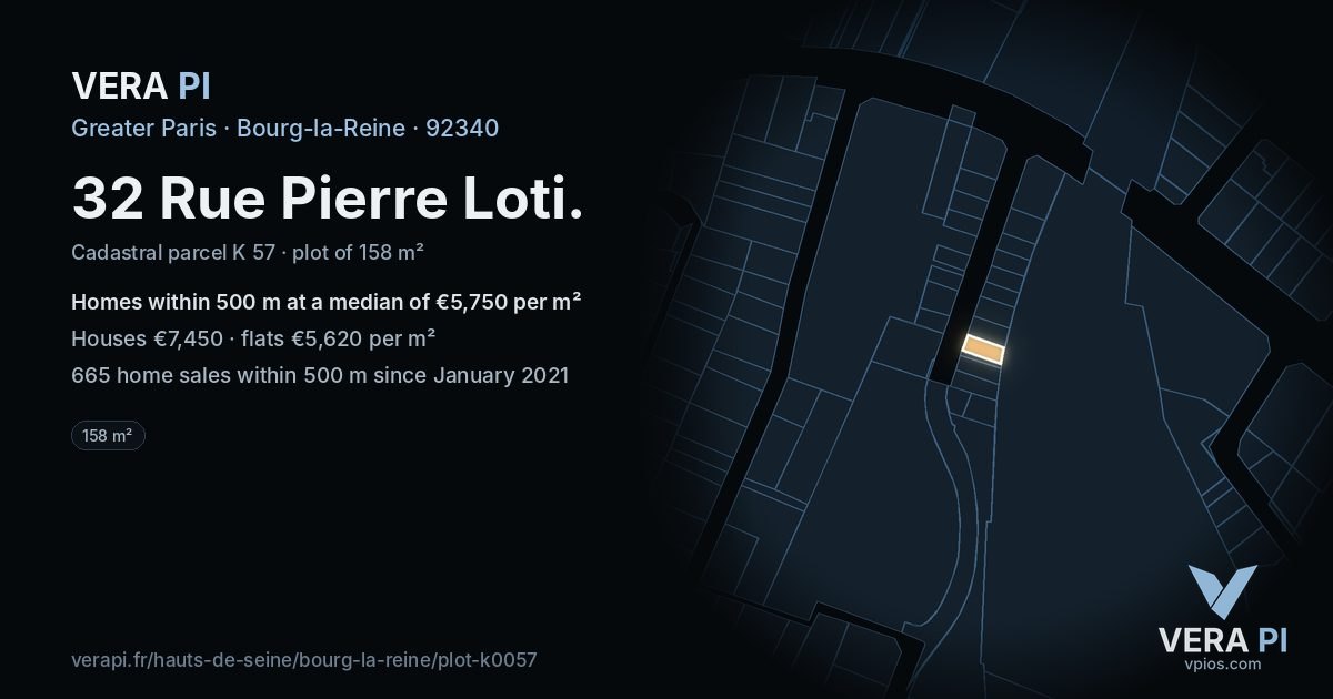 32 Rue Pierre Loti, Bourg-la-Reine at night – the plot lit, the parcels around coloured by the prices near them