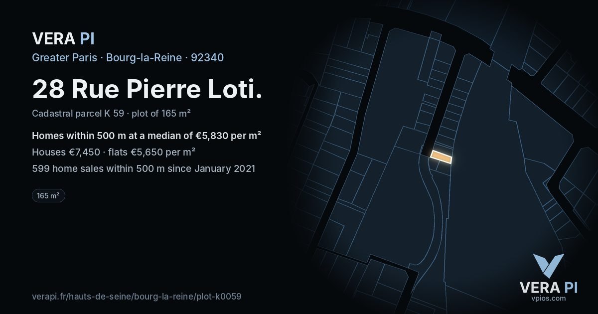 28 Rue Pierre Loti, Bourg-la-Reine at night – the plot lit, the parcels around coloured by the prices near them