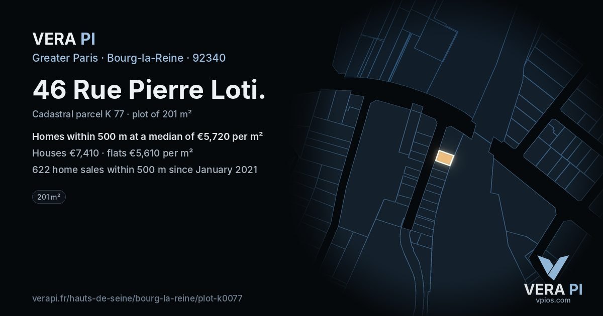 46 Rue Pierre Loti, Bourg-la-Reine at night – the plot lit, the parcels around coloured by the prices near them