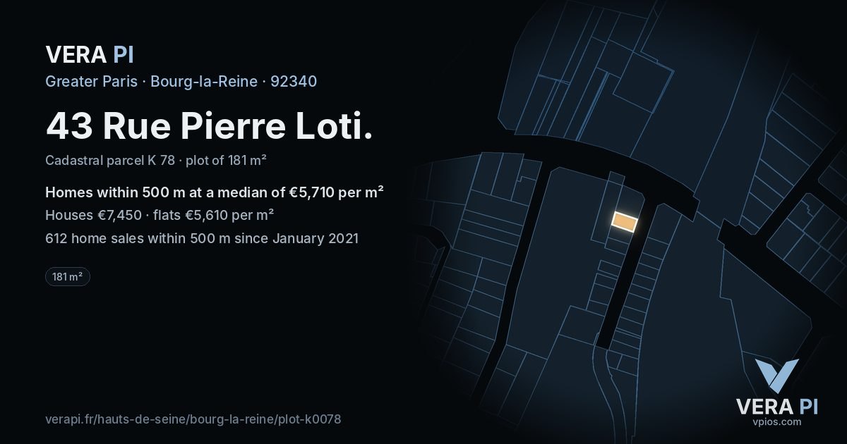 43 Rue Pierre Loti, Bourg-la-Reine at night – the plot lit, the parcels around coloured by the prices near them