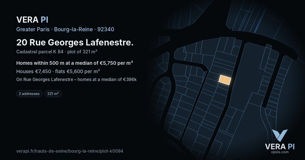 20 Rue Georges Lafenestre, Bourg-la-Reine at night – the plot lit, the parcels around coloured by the prices near them