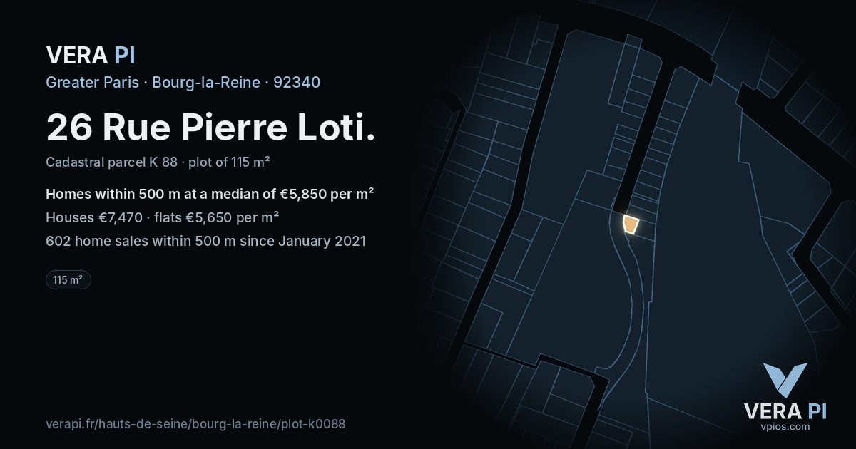 26 Rue Pierre Loti, Bourg-la-Reine at night – the plot lit, the parcels around coloured by the prices near them