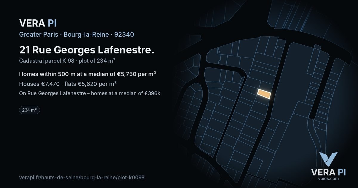 21 Rue Georges Lafenestre, Bourg-la-Reine at night – the plot lit, the parcels around coloured by the prices near them