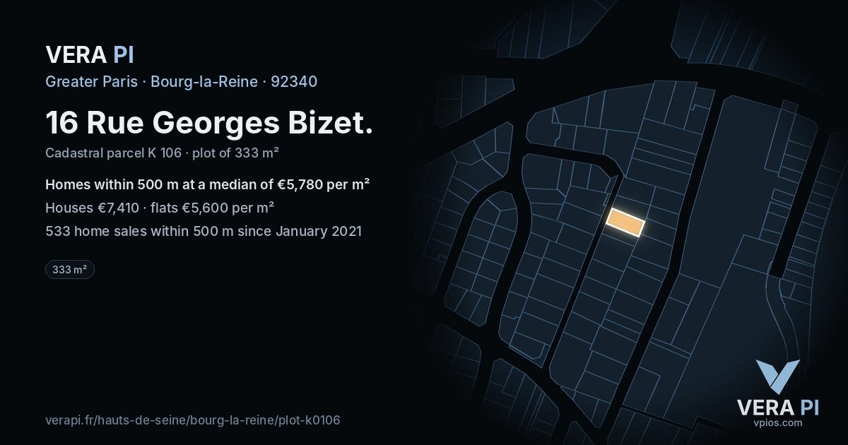 16 Rue Georges Bizet, Bourg-la-Reine at night – the plot lit, the parcels around coloured by the prices near them