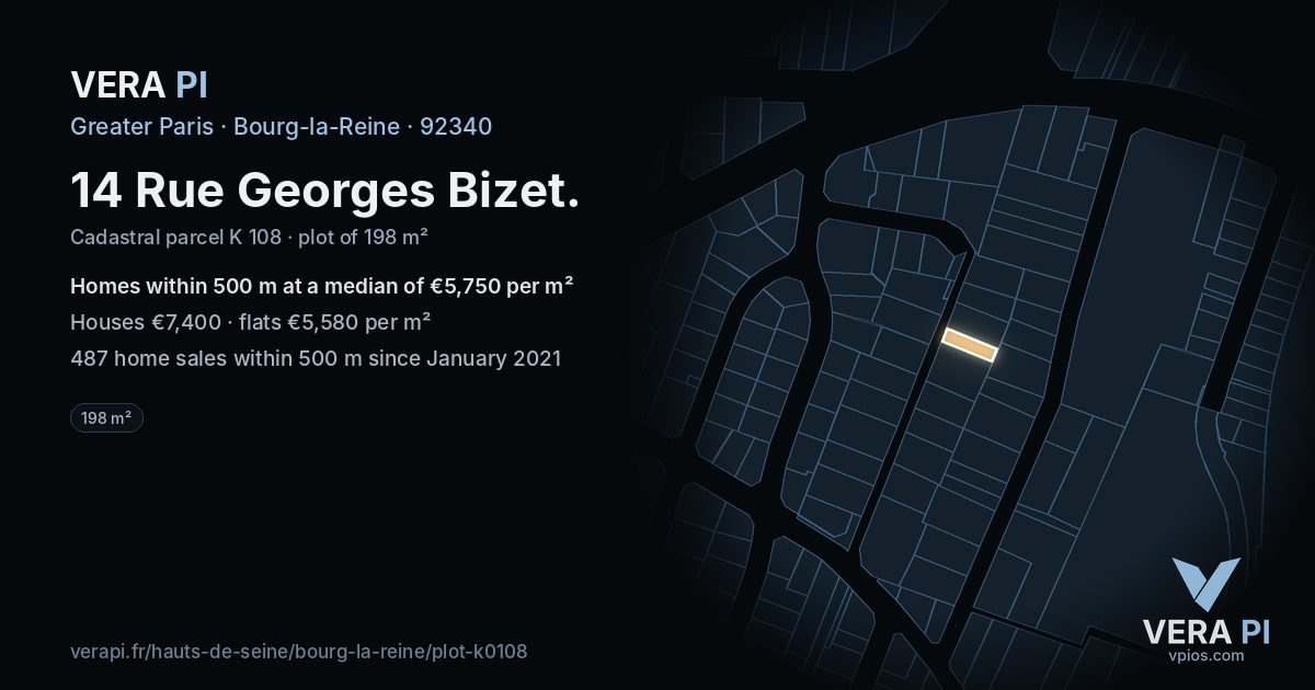 14 Rue Georges Bizet, Bourg-la-Reine at night – the plot lit, the parcels around coloured by the prices near them