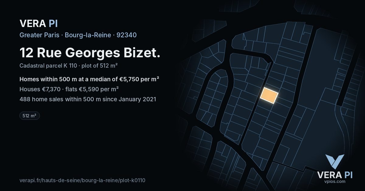 12 Rue Georges Bizet, Bourg-la-Reine at night – the plot lit, the parcels around coloured by the prices near them