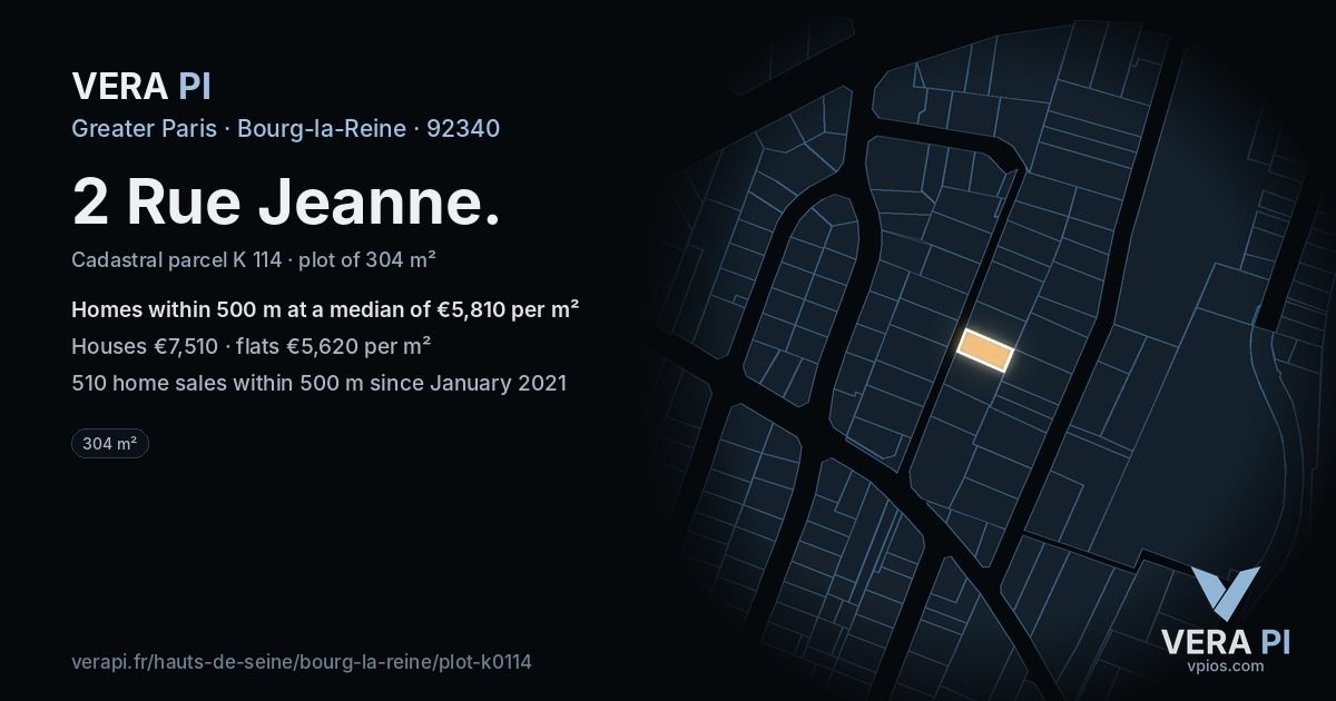 2 Rue Jeanne, Bourg-la-Reine at night – the plot lit, the parcels around coloured by the prices near them