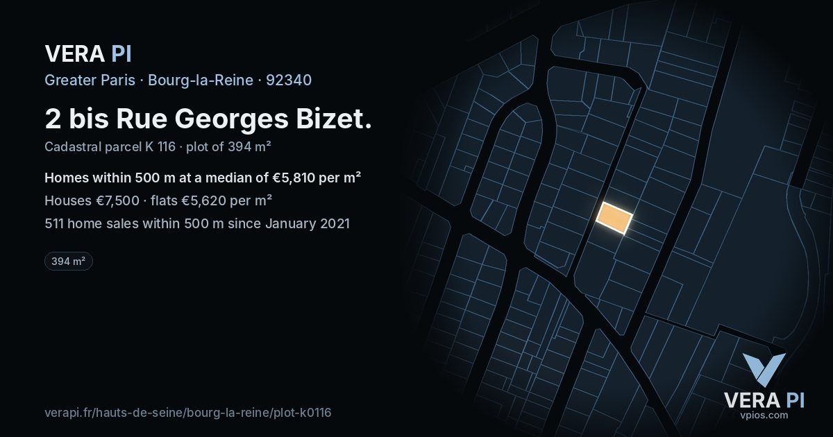 2 bis Rue Georges Bizet, Bourg-la-Reine at night – the plot lit, the parcels around coloured by the prices near them