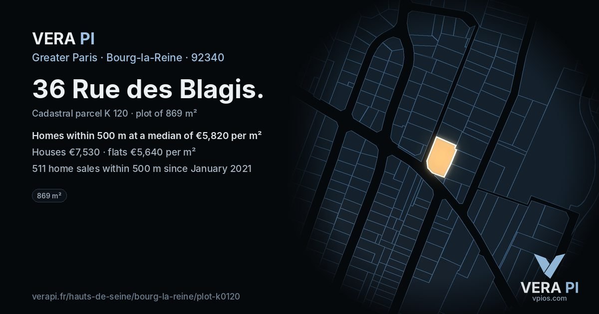 36 Rue des Blagis, Bourg-la-Reine at night – the plot lit, the parcels around coloured by the prices near them