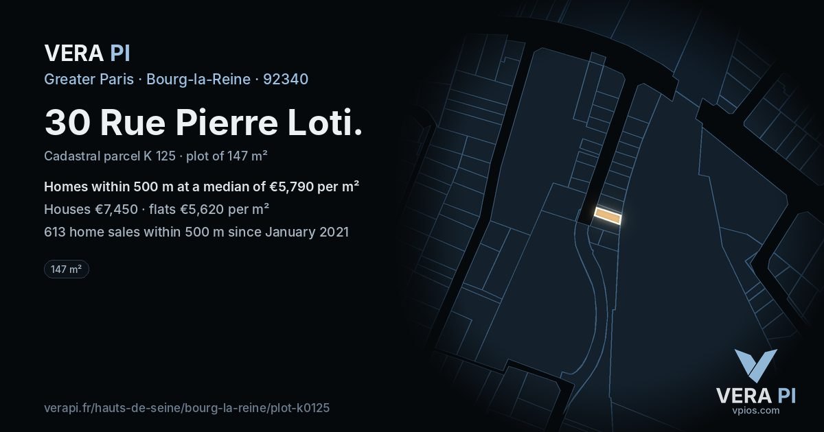 30 Rue Pierre Loti, Bourg-la-Reine at night – the plot lit, the parcels around coloured by the prices near them