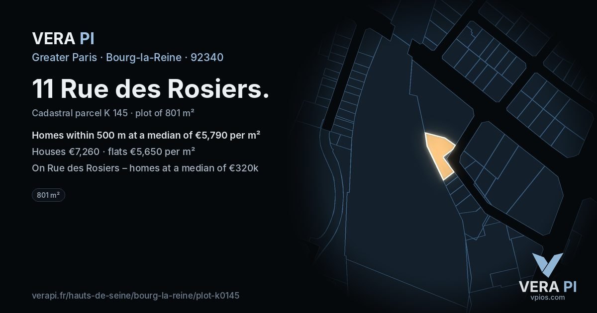 11 Rue des Rosiers, Bourg-la-Reine at night – the plot lit, the parcels around coloured by the prices near them