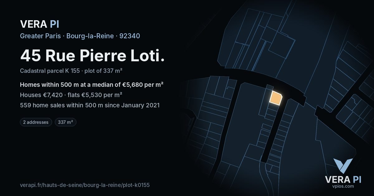 45 Rue Pierre Loti, Bourg-la-Reine at night – the plot lit, the parcels around coloured by the prices near them