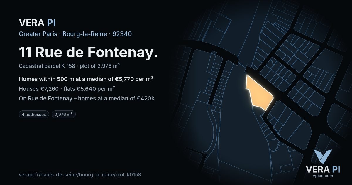 11 Rue de Fontenay, Bourg-la-Reine at night – the plot lit, the parcels around coloured by the prices near them