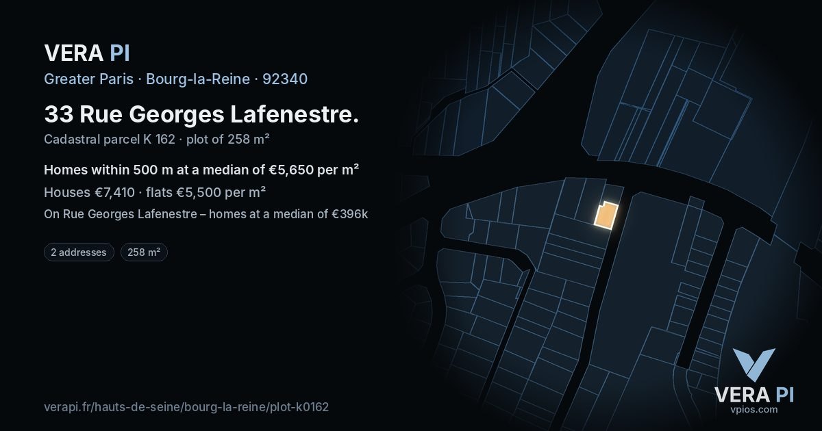 33 Rue Georges Lafenestre, Bourg-la-Reine at night – the plot lit, the parcels around coloured by the prices near them