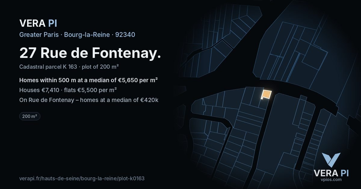 27 Rue de Fontenay, Bourg-la-Reine at night – the plot lit, the parcels around coloured by the prices near them